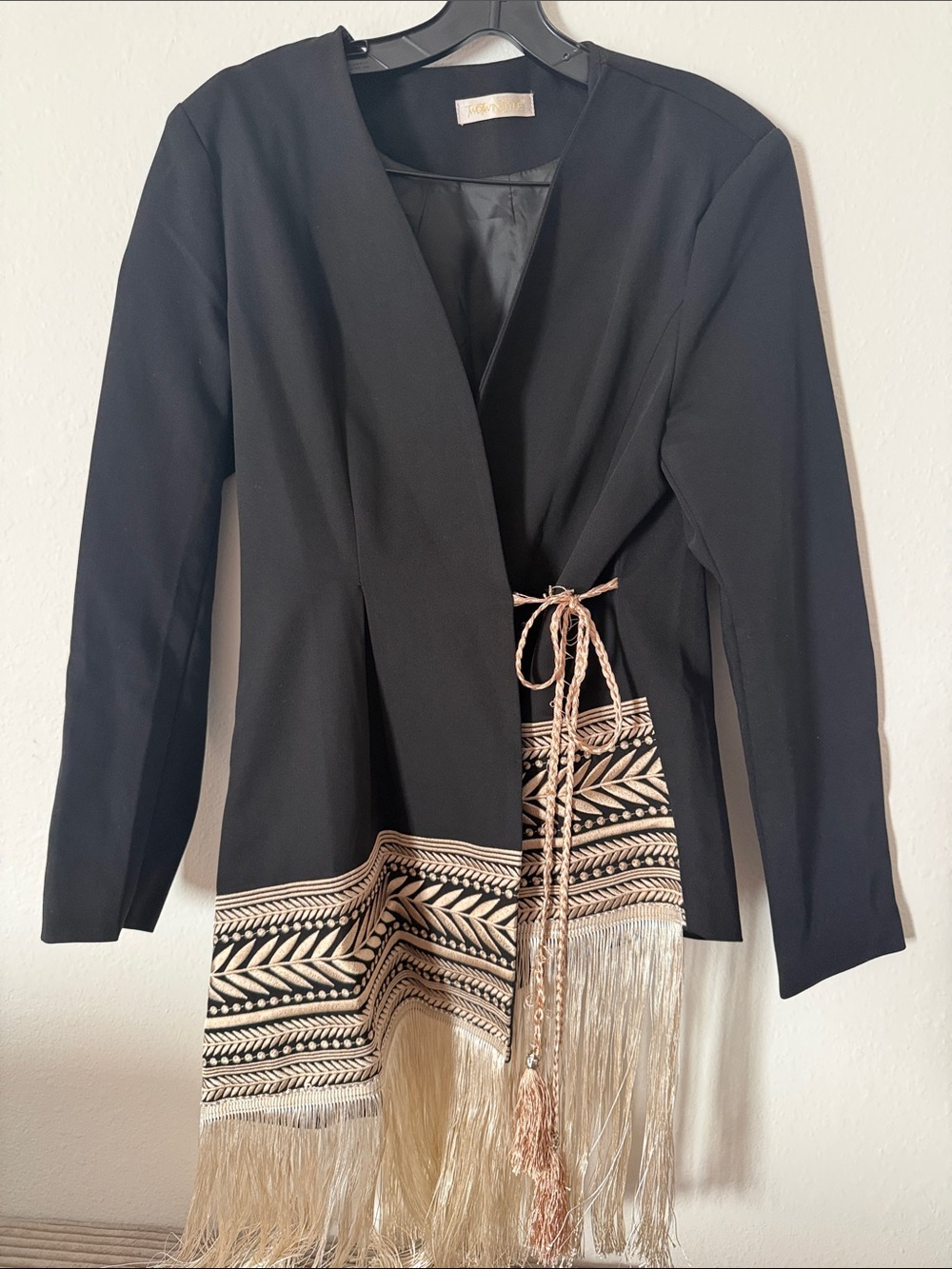 Black Long Sleeve Fringe Embroidered Wrap Jacket